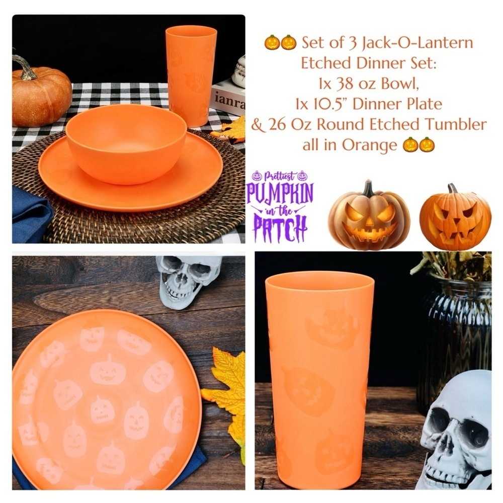 Mainstays Jack O Lantern Etched Dinner Plate Bowl Cup Set Orange